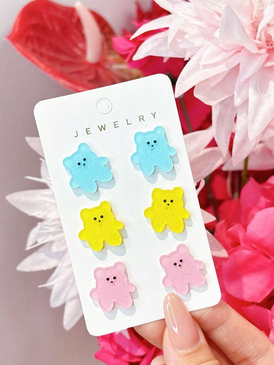 3 đôi bông tai hình gấu kẹo dễ thương bằng acrylic, bộ quà tặng bông tai lấp lánh màu hồng, vàng, xanh dương thú vị dành cho bé gái, mùa xuân/hè. - Nhiều màu - Xem 1