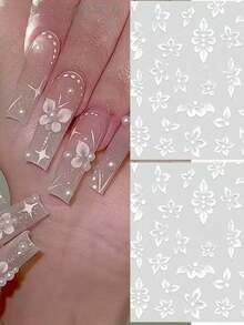 1 Sheet White Handpainted Floral Nail Art Stickers, 3D Embossed Petals & Butterflies, Delicate Floral Nail Decals, DIY Nail Decorations, Elegant Bridal Nail Accessories - Multicolor - View 1