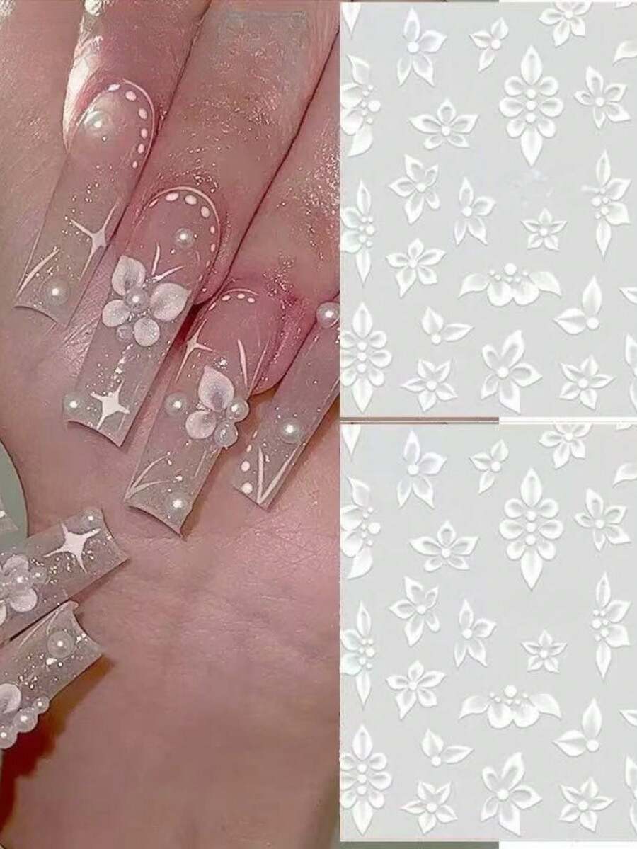 1 Sheet White Handpainted Floral Nail Art Stickers, 3D Embossed Petals & Butterflies, Delicate Floral Nail Decals, DIY Nail Decorations, Elegant Bridal Nail Accessories - Multicolor - View 1