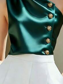 Damen einfarbiges Satin-Trägertop mit asymmetrischem Ausschnitt und Metallknopf-Design für Urlaub und Sommer - Taubenblau - Übersicht 5