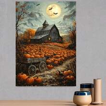 Mural de Lienzo Enmarcado en Madera de Halloween: Cuervos y una Granja Cubierta de Calabazas, Decoración de Pared para Hogar, Estilo de Terror, Fantasmas, Castillos, Calabazas, Brujas, Caballeros, Sala y Dormitorio, Impermeable, Impresión HD, Decoración para Fiestas, Regalos de Arte Festivo, Listo para Colgar - Lienzo Envolvente - Enmarcado - Ver 4