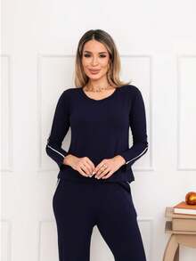 Women's Long-Sleeved Set With Detail, Premium Viscose/Lycra. One Size Fits 40/44 (Brazilian Sizes). - Màu xanh hải quân - Xem 3