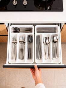 1pc Silver Drawer Organizer Box, Suitable For Small Drawers, Kitchen Utensil Organizer Box For Forks And Spoons, Cutlery And Tableware Storage Tray, Japanese Style Cabinet Organizer With Dividers For Chopsticks, Knives And Forks, Plastic Compartment Storage Organizer - Multicolor - View 8