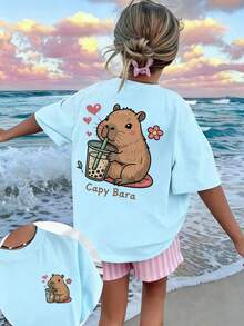 Tween Girl Cute Capybara Print T-Shirt, Soft And Comfortable Fabric, Suitable For Girls Outdoor Sports, Daily Wear, Street Style, Campus Style, Fashionable Girls Spring/Summer Casual Versatile Top - Baby Blue - View 4