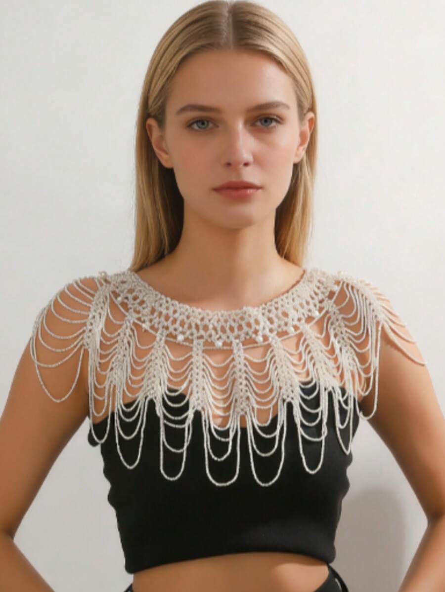 1pc Elegant White Faux Pearl Decor Multi-Layer Body Chain Necklace, Adjustable Length, Suitable For Party, Bikini Top, Beach Cover-Up, All Season Wear, Summer - White - View 1