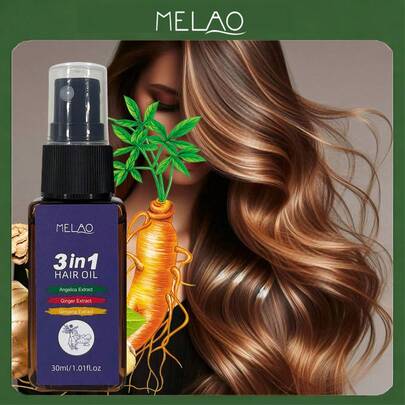  MELAO 三效合一护发油，蕴含当归、生姜和人参提取物，适用于干性及粗硬发质，滋养柔顺秀发，令秀发极致亮泽柔顺，30毫升/1.01液盎司