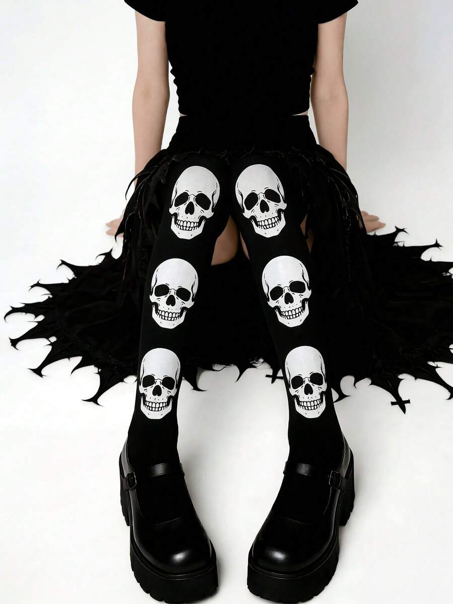 1 đôi tất dài quá đầu gối in hình đầu lâu phong cách Gothic, kiểu dáng thời trang đường phố dành cho nữ, trang phục mùa hè thoải mái. - Nhiều màu - Xem 1