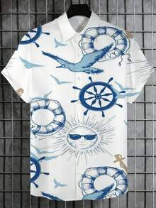 Ocean Freedom Seagulls Soaring Above Lifebuoys And Ship Wheels Symbolize Maritime Adventure And Tranquility 3D Print Casual Short Sleeve Men'S Button Up Shirt Summer Beach Style Tophawaiian Shirt Men Summer Shirt - 白色 - 查看 1