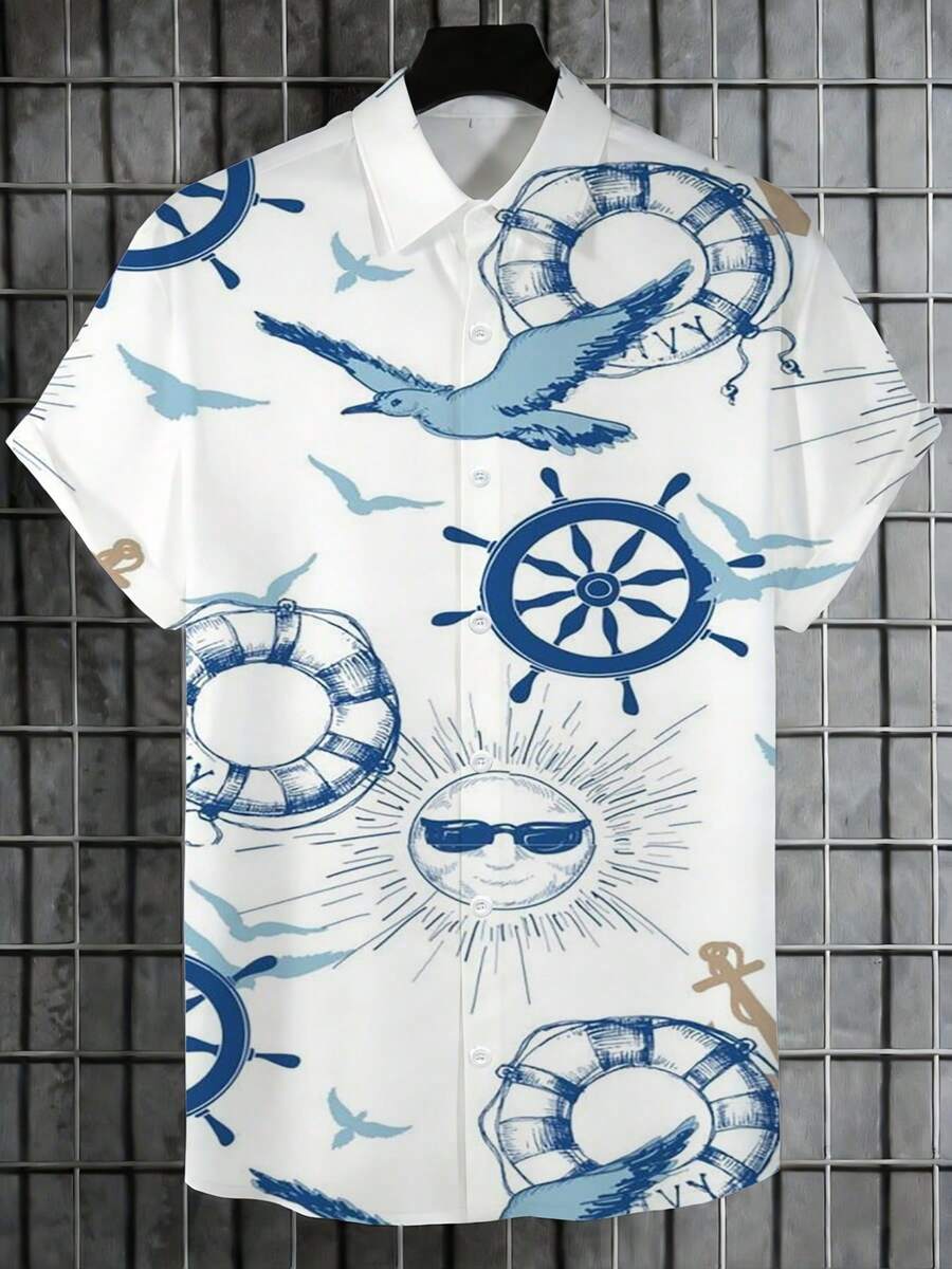 Ocean Freedom Seagulls Soaring Above Lifebuoys And Ship Wheels Symbolize Maritime Adventure And Tranquility 3D Print Casual Short Sleeve Men'S Button Up Shirt Summer Beach Style Tophawaiian Shirt Men Summer Shirt - 白色 - 查看 1