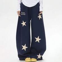 Star & Check Patchwork Embroidered Sports Casual Pants, Unisex Sweatpants, Loose Fit, Straight Leg, Elastic Belt, Long Pants - 藏蓝色 - 查看 4