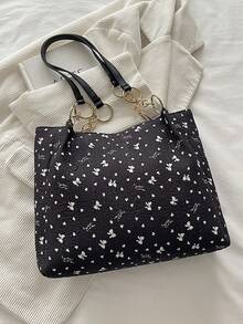 Fashion Large Capacity Solid Color Shoulder Tote Bag, Suitable For School, Travel, Shopping, Dating, Women's Gift Corduroy Handbag, Fashionable Chain Shoulder Bag, Large Capacity Plush Handbag, Backpack, Portable, Large Capacity, Lightweight, Suitable For Teenage Girls, Women, College Students, Middle And High School Students, Outdoor, Travel, Outing, Work, Business, Commuting. Bow, Heart Decor Pattern - Black - View 7