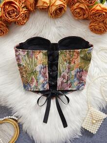 Nouveau top corset sans bretelles, bustier à imprimé jungle pour femmes avec baleines en acier, design de gaine de taille - Vert - Voir 3