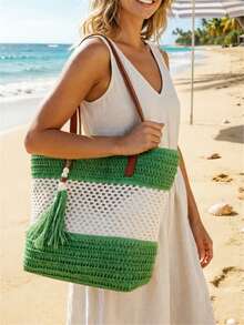 1pc New Holiday Tassel Pendant Bicolor Straw Tote Bag, Casual Shoulder Handbag, Beach Bag, Travel Bag, Valentine's Day Gift For Women, Woven Bag,Fringe Bag - Mint Green - View 5