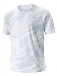 Tricou de sală pentru bărbați cu uscare rapidă, respirabil, cu imprimeu marmorat, cu mânecă scurtă și guler rotund, potrivit pentru alergare și antrenament - Negru - Vizualizare 3