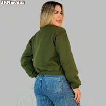 Women's Casual Cargo Sweatshirt Jacket With Pocket, Dropped Sleeves, Bomber Style, Blogger Style, Winter - Army Green - View 2