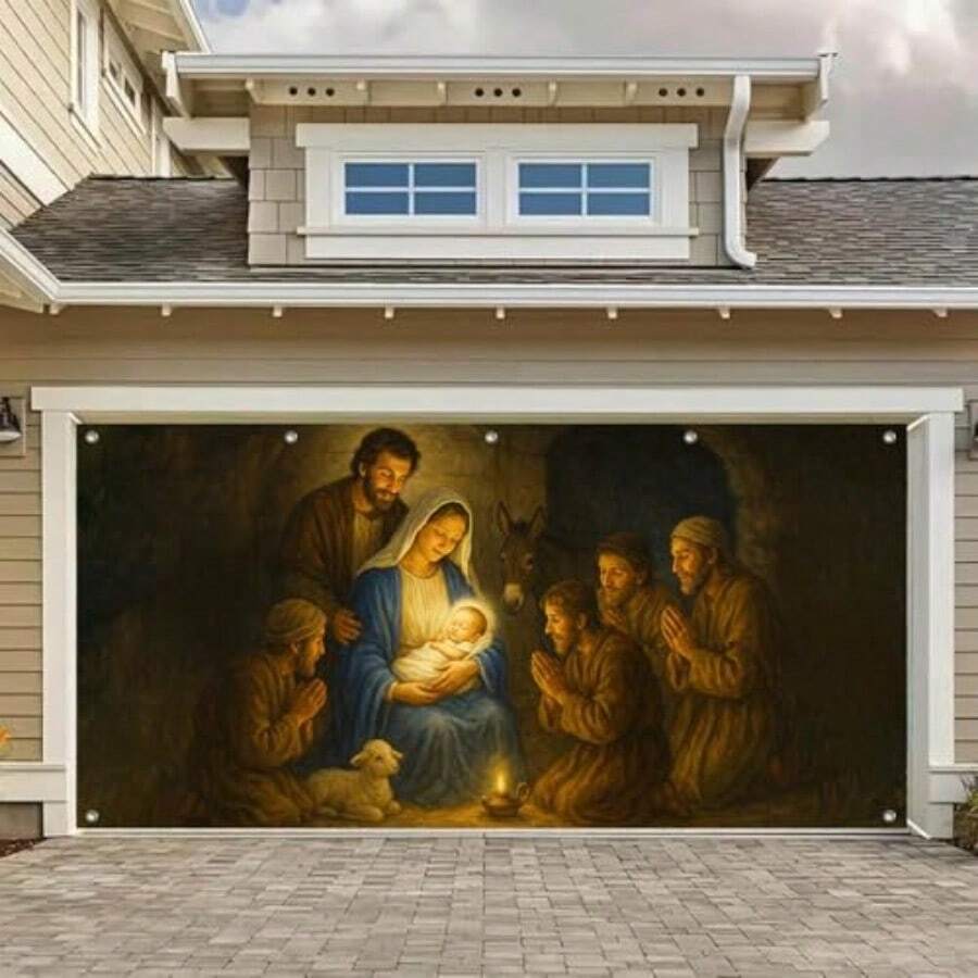 HOMETITUTE - Banner de Navidad para puerta de cochera 13 x 6 pies para la noche santa de Jesús con Mary Joseph Pastores y Pesebre de Cordero telón de fondo para decoración de puerta de cochera al - colorido4 - Ver 1