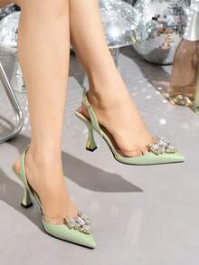 Nuevos sandalias de verano elegantes para damas, zapatos de tacón alto transparentes y cómodos con decoración de rhinestones, bombas de tacón alto con correa trasera de moda, versátiles para uso diario, trabajo, vacaciones, fiesta y vestido formal, tacones altos de color verde - Verde Pastel - Ver 12
