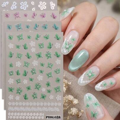 4pcs Multicolor Gradient Floral Embossed Nail Stickers - 3D Textured Pink, Green, Blue, White Petal Nail Art Decals - Fresh Pastoral Style DIY Nail Decoration - Suitable For Daily, Date, Music Festival, Spring/Summer Outfits