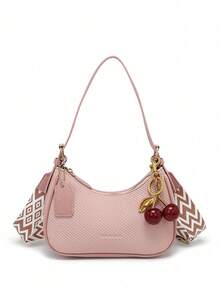 Bolso de hombro de material de PU de unicolor con diseño gráfico de letra, versátil y de moda clásica 2026, adecuado para compras, bolso de axila Y2K, bolso de mano de chica cool - Rosa 3 - Ver 7