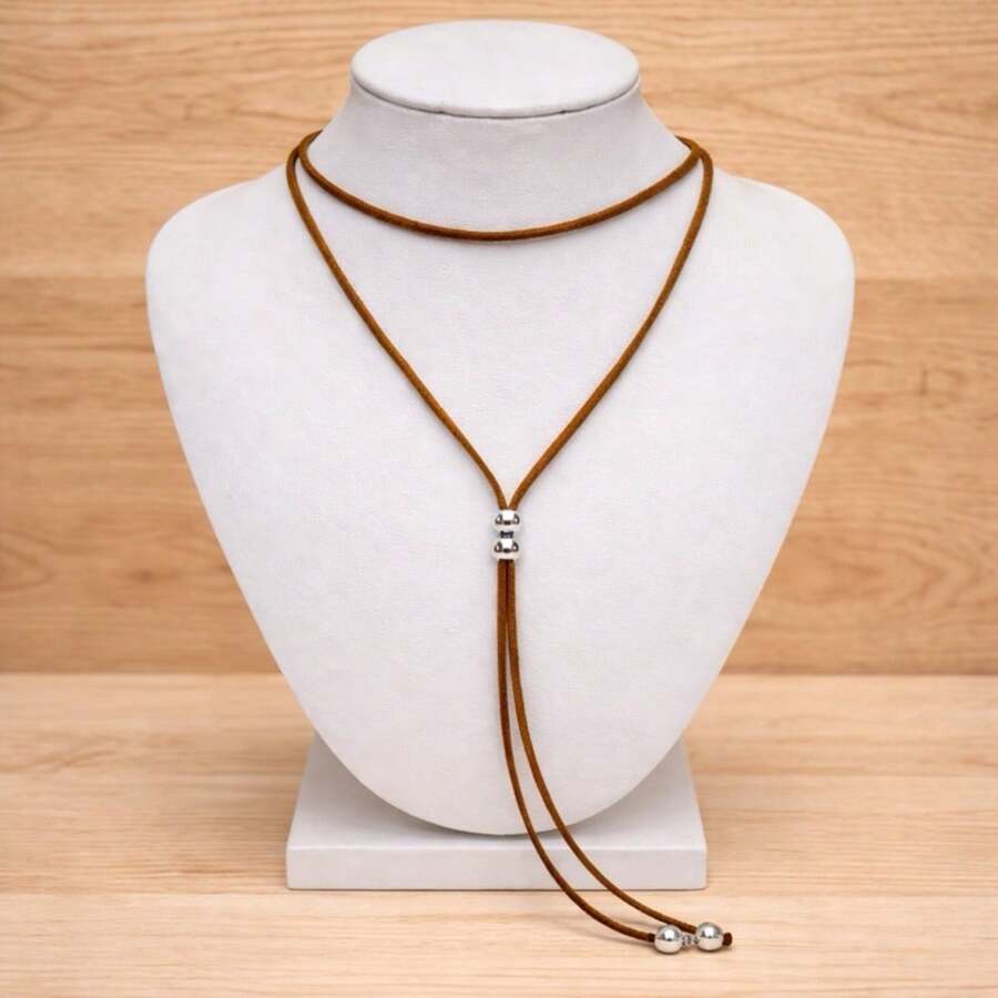 Gold Or Silver Leather Tie Necklace In Various Colors. - 棕色帶銀色 - 查看 1