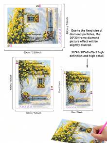 |5D DIY钻石画|阳光明媚的地中海黄色花苑DIY钻石画套装，鲜艳的黄色攀援花朵，迷人的蓝色小屋外墙，温暖的乡村露台，田园诗般的印象派风景。手工装饰画，5D DIY刺绣马赛克艺术，享受动手乐趣，家居装饰爱好者的理想礼物 - 無框 - 查看 3