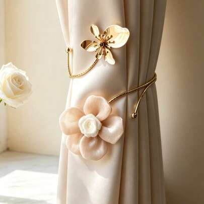 Kẹp rèm hợp kim cao cấp, dây buộc rèm hoa 3D màu vàng sâm panh, chặn rèm không cần khoan, kẹp sắp xếp rèm cho cửa sổ phòng ngủ và phòng khách.