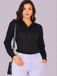 Vesco Women's Loose-Fitting Linen Shirt With Long Sleeves In Solid Colors. Sizes: M (Fits Size 38), G (Fits Size 40), GG (Fits Size 42), G1-46, G2-48, G3-50 - preto - 查看 2