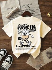 1 pieza Camiseta de manga corta con estampado de niño pequeño, top casual de verano para estudiantes, regalo para niños - Albaricoque - Ver 3