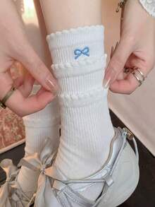 1/5 Pairs White Cute Japanese Style Lace Bow Decor Thin Knee High Socks, Ballerina Look For Summer - White - View 2