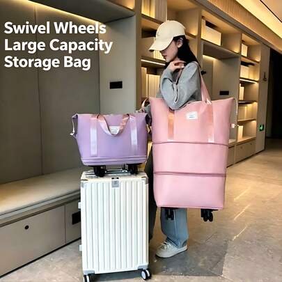 Large Capacity Wheeled Travel Tote Bag, Detachable 360° Rotating Wheels Foldable Suitcase, Waterproof Wet & Dry Separation Expandable, Business Trip Maternity Storage Universal Gift (Random Wheel Color)