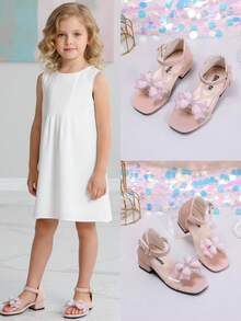 1 Pair Pink Girls' Dance Heels, Glittery Butterfly Soft Sequin Leather PU Adjustable Strap, Round Toe Platform Block Heel One-Strap Design, Fashionable Glamorous Holiday Princess High Heels Suitable For Daily, Dance, Events, Spring/Summer 2026 - Pink - View 2