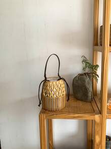 Túi xô đan thủ công bằng tre Niche, túi tote rỗng đeo vai dành cho nữ, thích hợp cho kỳ nghỉ biển. - Màu Khaki - Xem 8