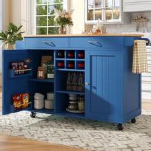 Modern Kitchen Island (102*45*92cm), Kitchen Cabinet, Sideboard, Dining Trolley With Wood Grain, Buffet, Multifunctional Dining Table With Storage Space, Blue - Blue - View 4