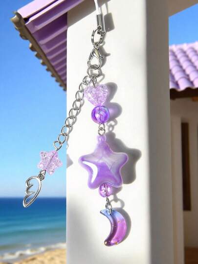 1pc Dreamy Purple Star & Moon Beaded Phone Lanyard, Sweet Girl Style Angel Wing Anti-Lost Pendant (Due To Shooting Angle And Magnification, The Actual Size Of The Object May Slightly Differ From The Photo), Phone Decor, Phone Accessory, Smartphone Wrist Strap