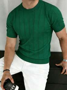 GRDR Men's Crew Neck Simple Ribbed Knit Short Sleeve T-Shirt - Casual Daily Wear - Green - View 3