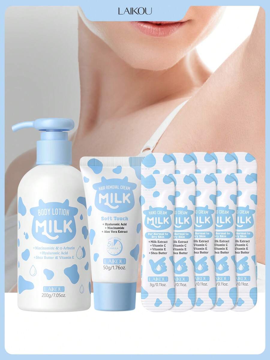 1套 LAIKOU 保濕牛奶身體護理套裝（牛奶乳液 200g + 牛奶護手霜 3g*10 + 牛奶除毛霜 50g），適合旅行、露營、徒步、攀岩、戶外活動，適合女性、母親、妻子、姊妹、青少年、女友自我護理