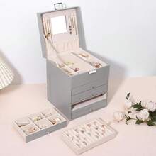 Scatola portagioie a 5 ripiani, grande portagioie in pelle PU con 6 cassetti, grande organizer per gioielli, anelli, orecchini, bracciali, beige - Grigio - Visualizzare 6
