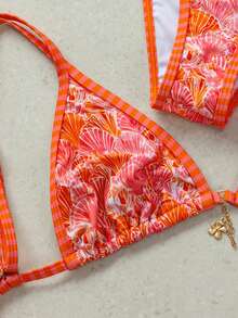 Orange Shell Print Bikini Set, Triangle Halter Neck Adjustable Straps, Tie Back Detail, Removable Padding, Soft Elastic Fabric, Contrasting Orange Plaid Trim, Tropical Beach Style 2-Piece Swimwear Vacation Summer - Hot Pink - View 6