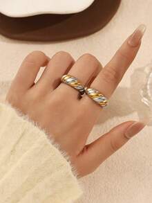 Bộ 2 chiếc nhẫn bằng thép không gỉ 304 mạ vàng và bạc, thích hợp để nữ giới đeo hàng ngày hoặc làm quà tặng, có trọng lượng vừa phải, chất lượng cao, không phai màu hay đổi màu. - vàng và bạc - Xem 1