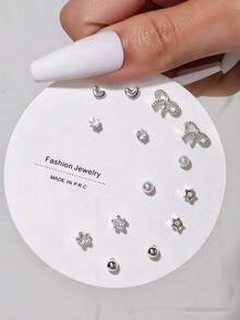 7 Pairs New Arrival Heart-Shaped Pink Crystal  Rose Gold Stud Earrings Set - 銀色 - 查看 3