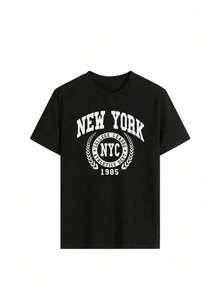 ORK NYC, estilo retro universitario Y2K, ropa de calle, top casual deportivo urbano de verano, camiseta vintage con eslogan universitario para uso diario, diseño único unisex, color blanco. - Negro - Ver 2
