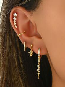 女士黄金耳环套装，精致的 14K 镀金星形耳环和耳钉，耳夹，多层叠戴耳环首饰搭配流苏耳环，低过敏性时尚耳环套装，适合日常和派对佩戴。 - 金黃色2 - 查看 4