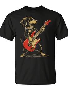 Unisex T-Shirt Made Of Pure Cotton, Vintage Style. Dachshund, Playing, Guitar, Rock Music, Dog T-Shirt, Unisex, For Daily Wear, Funny, Christmas, Novelty, Men's T-Shirt, Summer, , Streetwear, Fashion, Top, Quality, Comfortable, Casual, Printed T-Shirt, Pure Cotton, Summer T-Shirt, Blouse, Basic Tops, Tops, T-Shirts, Shirt, Soft, Cotton, Casual, Daily Wear, Cool, , Daily - Black - View 4