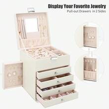 Scatola portagioie a 5 ripiani, grande portagioie in pelle PU con 6 cassetti, grande organizer per gioielli, anelli, orecchini, bracciali, beige - Grigio - Visualizzare 11