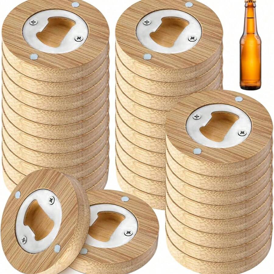 10/20/40个装竹制圆形磁性开瓶器 - 可定制、可雕刻、可着色，打造个性化设计，木质冰箱贴，适用于婚礼回礼、婚礼席位卡、复活节圣餐礼物、毕业派对礼物、节日庆典纪念品、家居厨房、家庭聚会 - 简约风格，附赠礼品袋，无需电源 - 卡其色 - 查看 1