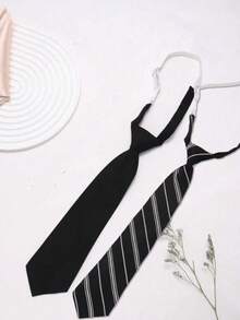 Bộ 2 cà vạt thủ công bằng polyester phối màu trơn và sọc chéo, phù hợp cho học sinh, đồng phục, vest và nhiều dịp khác nhau, trang phục tốt nghiệp, vũ trường. - Đen và trắng - Xem 3