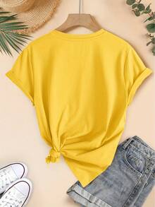 2026 Summer TopsWomen's Summer T-Shirt, Lucky Cat Short-Sleeve Top With Daruma Element Scarf And Three-Color Cat Print, Round Neck Sporty Casual Versatile T-Shirt, Medium Stretch Fabric, Comfortable And Breathable, Women's Lucky Fit Top, Party GiftLoose And Comfortablesummer Outfits For Women Spring Outfits For Women - 黃色 - 查看 2