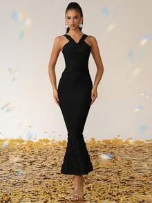 Love Aing Vestido Elegante de Sereia com Plissado Preto, Vestido de Bandagem Sexy para Socialite, Banquete e Festa de Coquetel, Vestido de Festa Formal e Luxuoso para Baile e Eventos para Mulheres - Preto - Visão 2