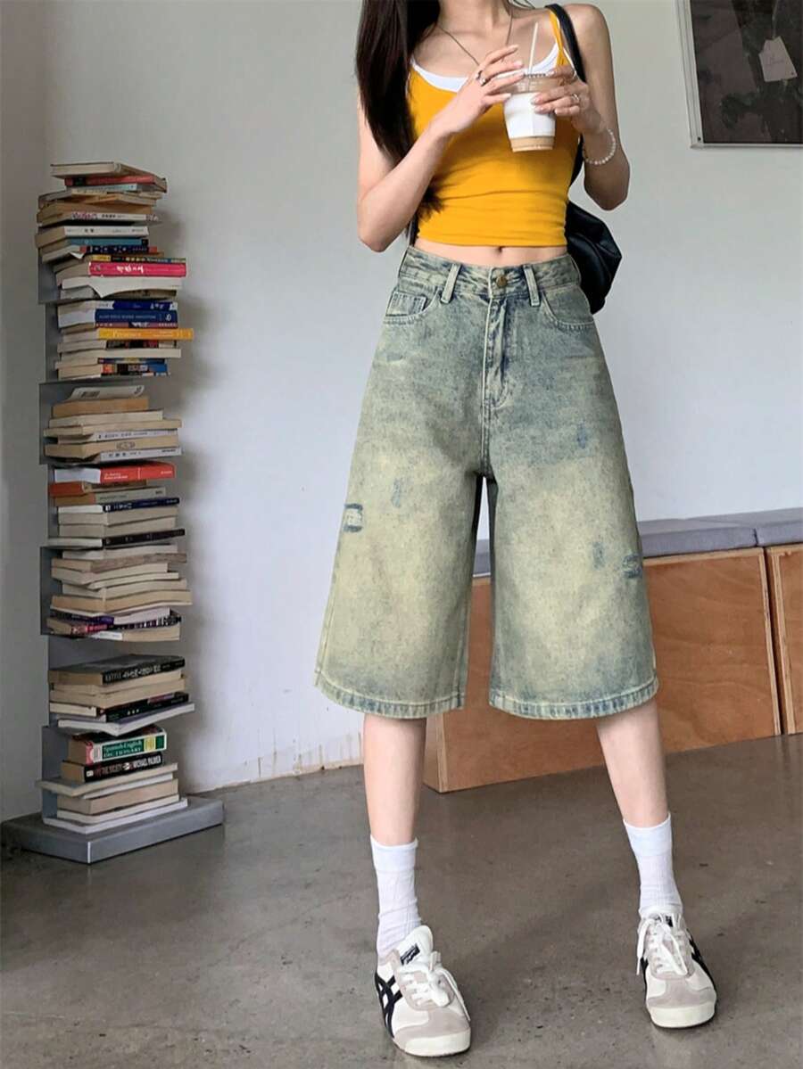 Jeans recortados de pierna recta casual y holgados con efecto desgastado, estilo americano, para mujer en verano