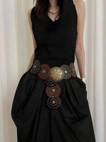 1pc PU Hollow Metal Grommet Round Waist Belt For Women, Multi-Color Western Style - Multicolor - View 3